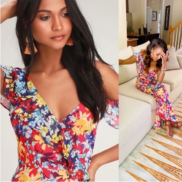 🌿 Red Radiant Ruby Floral Chiffon Asymmetric Dress 🌿 - Picture 7 of 14